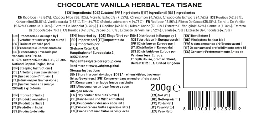 Miniatura 7 de VAHDAM - Té de hierbas con chocolate y vainilla (7oz cbolsita), +100tazas. Tu nuevo capricho té de hojas sueltas, rooibos, chocolate artesanal y