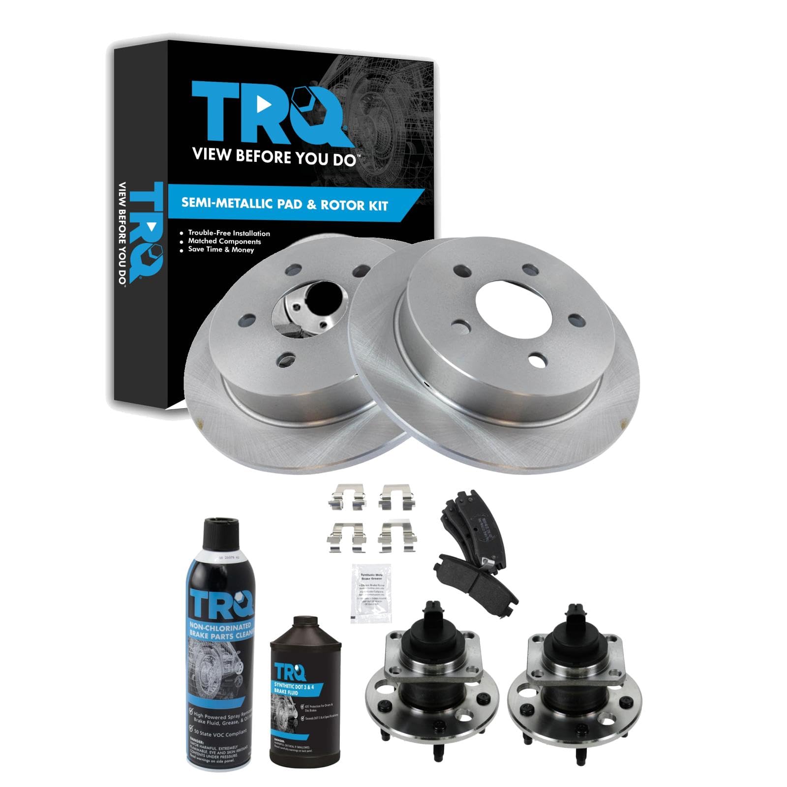 TRQ Rear Brake Pad &amp; Rotor Kit Semi-Metallic Compatible with 99-04 Alero 99-05 Grand Am