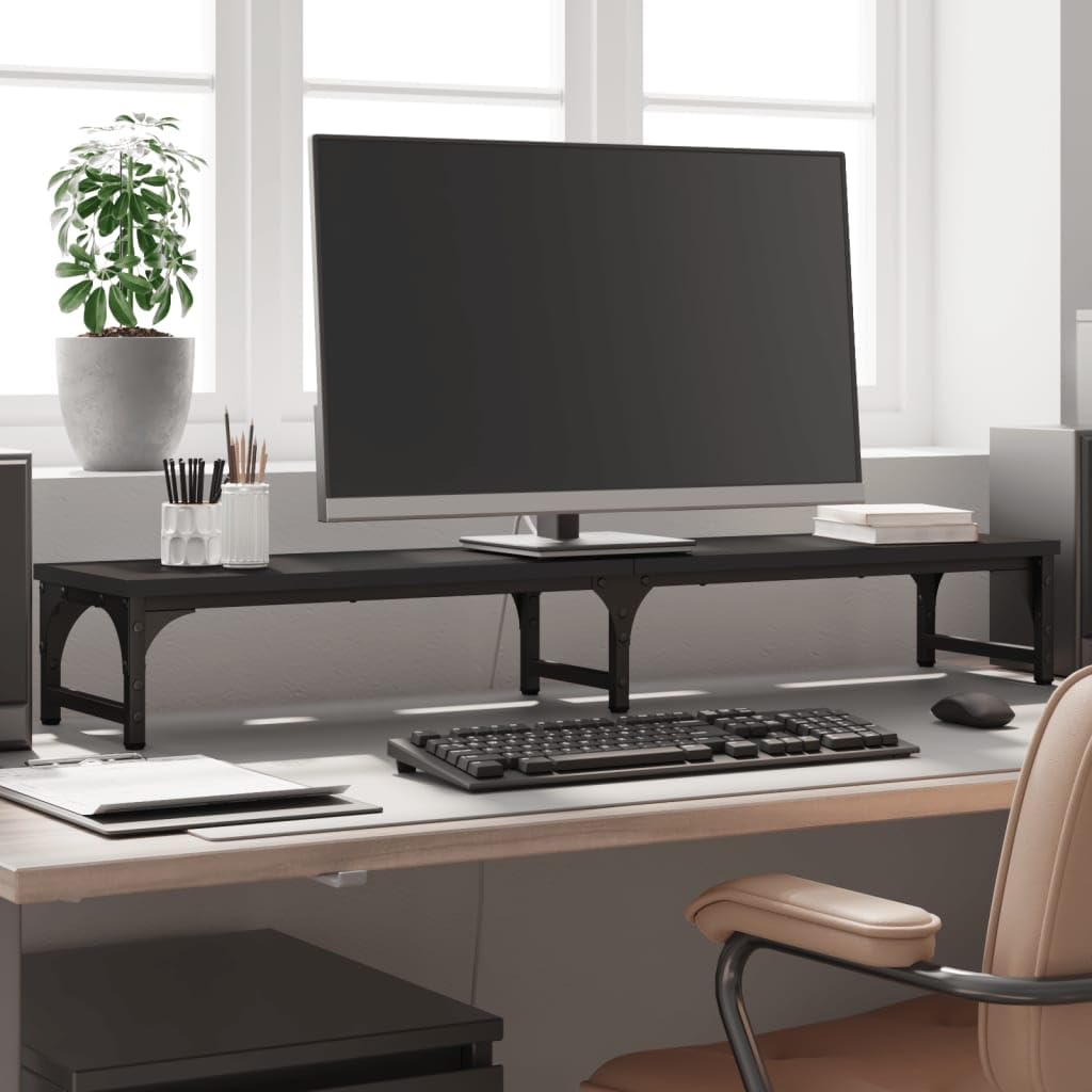 Supporto per monitor nero in legno 105 x 23 x 15,5 cm con gambe regolabili, rialzo ergonomico per PC, laptop, notebook, tablet sul posto di lavoro