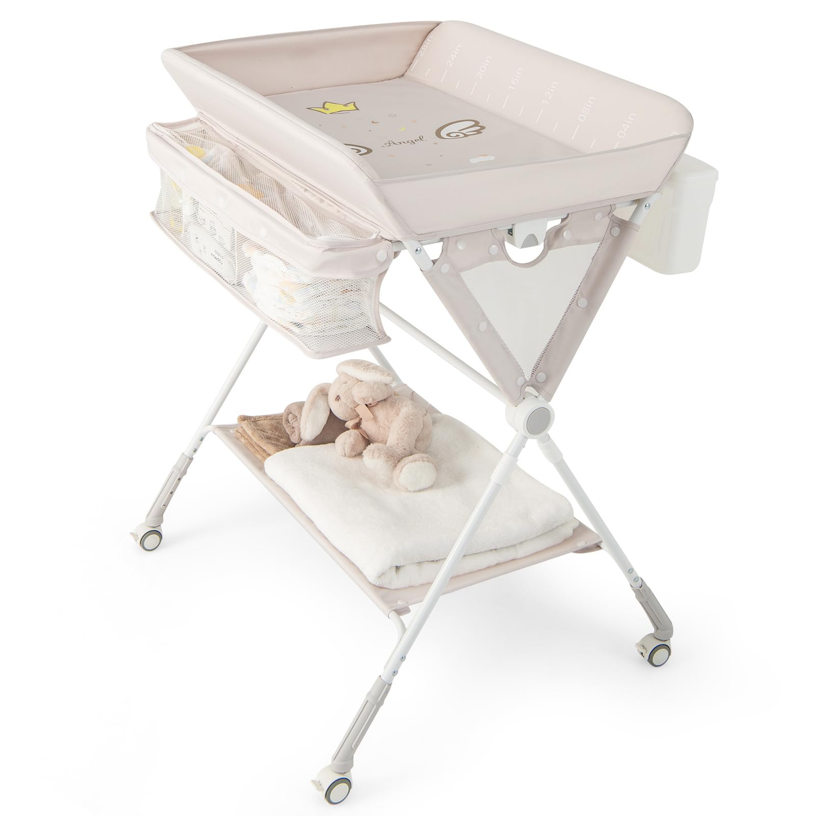 RELAX4LIFE Cambiador de Bebé Plegable con 4 Ruedas Giratorias con Frenos, 3 Alturas Ajustables, Cestas de Almacenamiento y Cinturón de Seguridad, Cambiador Bebe Mueble para Bebé 0-12 Meses (Beige)