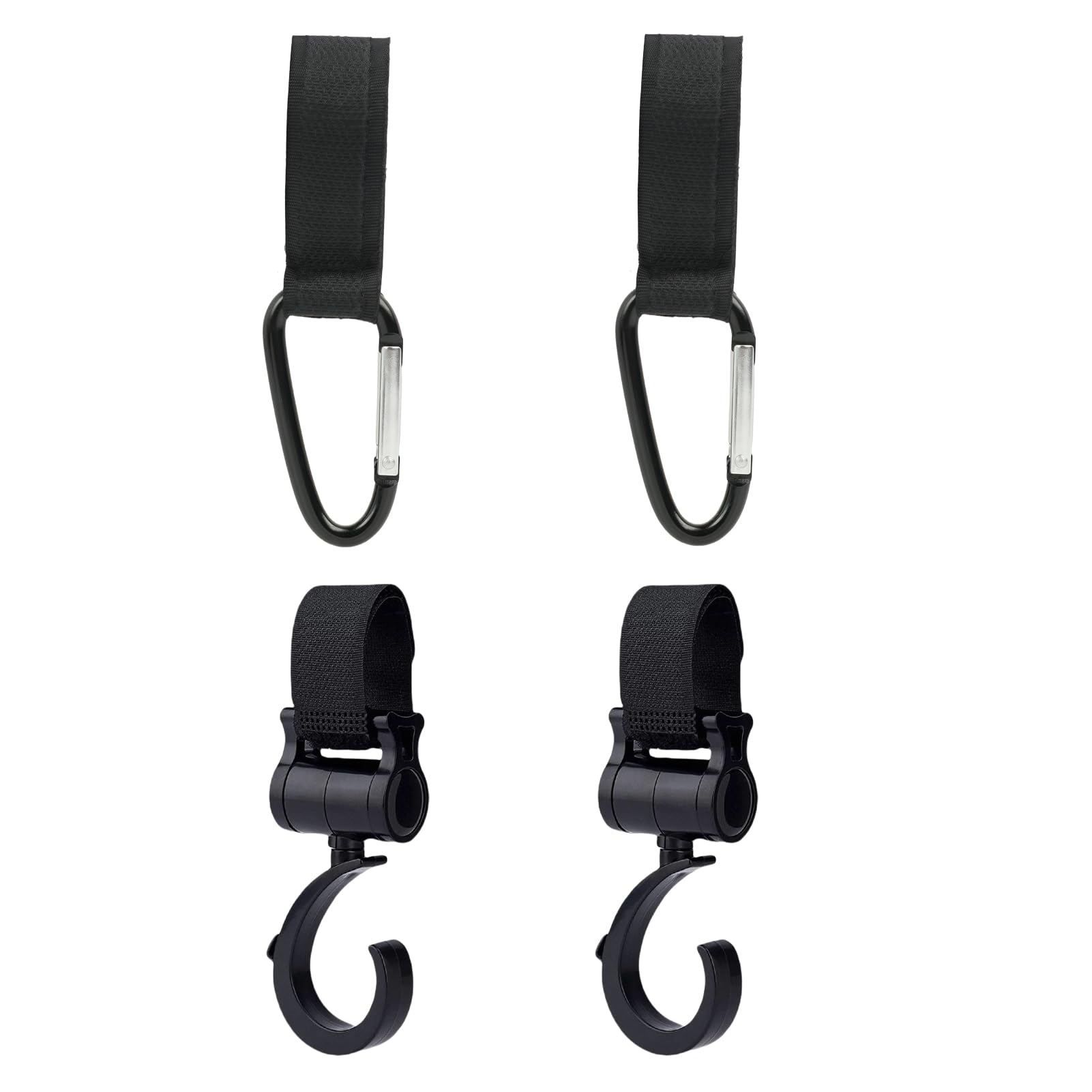 Set di 4 Pezzi, Ganci Passeggino, Universali Rotanti, Ganci Multifunzionali per Passeggini, Carrelli e Trolley, Nero, Facili da Installare, Resistenti e Adattabili