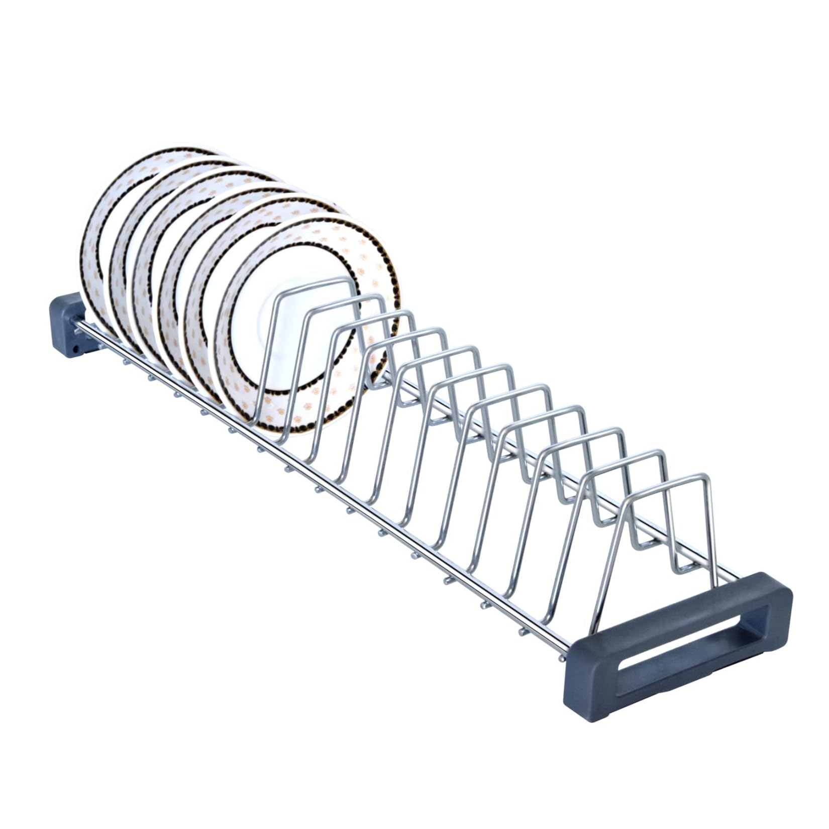 SmartSlide Stainess Steel Modular Kitchen Basket Plate Fixer/Tandem Basket Dish Rack/Plate Stand/Thali Stand/Plate Rack/Kitchen Rack/Saucer Rack for Kitchen (Saucer Rack 22 Inch) - Stainless Steel