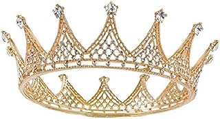 Lurrose Baroque Full Round Crown Luxury Rhinestone Queen Crown Kings Crown Bridal Tiara Crown Headband for Brithday Halloween Christmas Wedding (Golden)