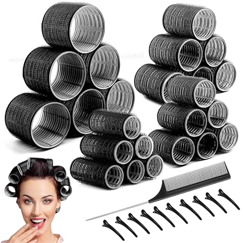 Mabufun Hair Rollers With Clips Large Jumbo Hair Rollers For Long Hair Self Grip Velcro Curlers 35 Pcs No Heat Rollers For Hair Curls Salon Hairdressing Curling Tool (Black)