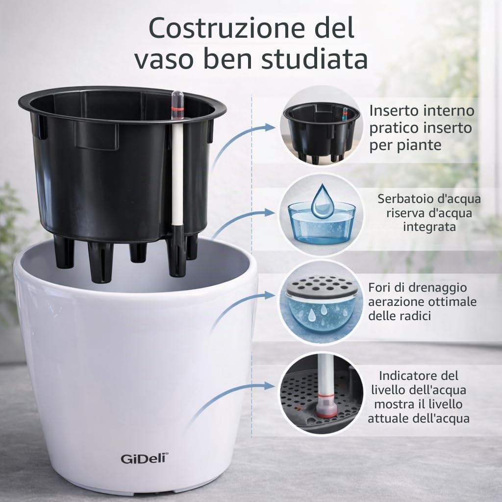 GiDeli Vaso autoirrigante - Vaso con sistema di auto-irrigazione con indicatore del livello dell'acqua - Vasi da fiori che proteggono da traboccamenti e decomposizione - Vaso per piante che fa