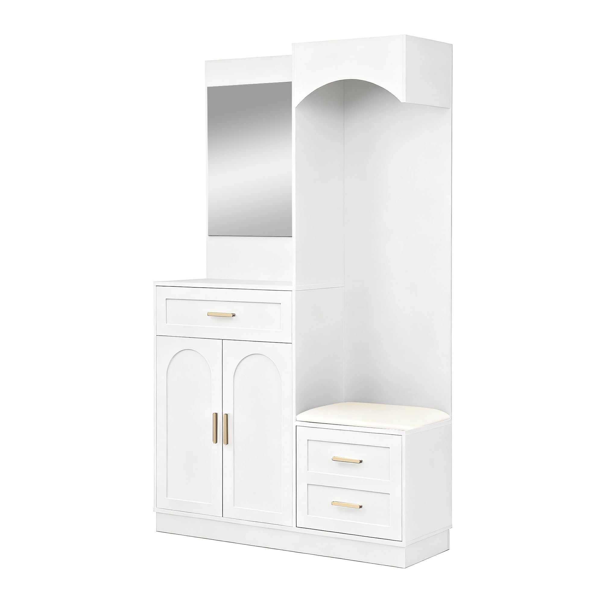 Bladez Armario compacto con espejo, zapatero y banco, perchero multifuncional con barra para colgar, color blanco