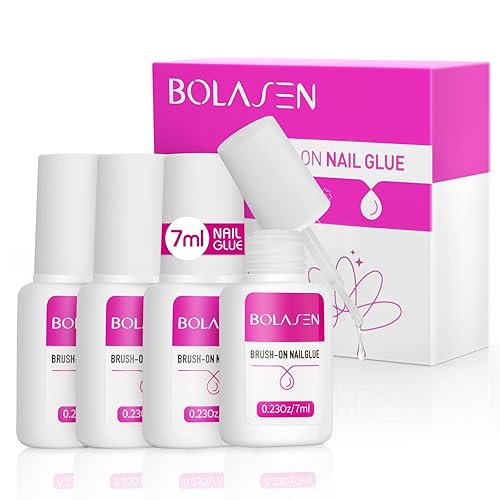 BOLASEN Pegamento para uñas con brocha, paquete de 4 unidades de pegamento impermeable para uñas a presión, uñas acrílicas y puntas de uñas, fácil