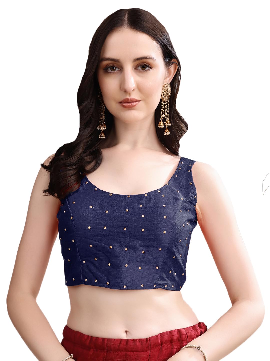 Pujia Mills Women's Square Neck Silk Sleeveless with Stone Work Readymade Blouse