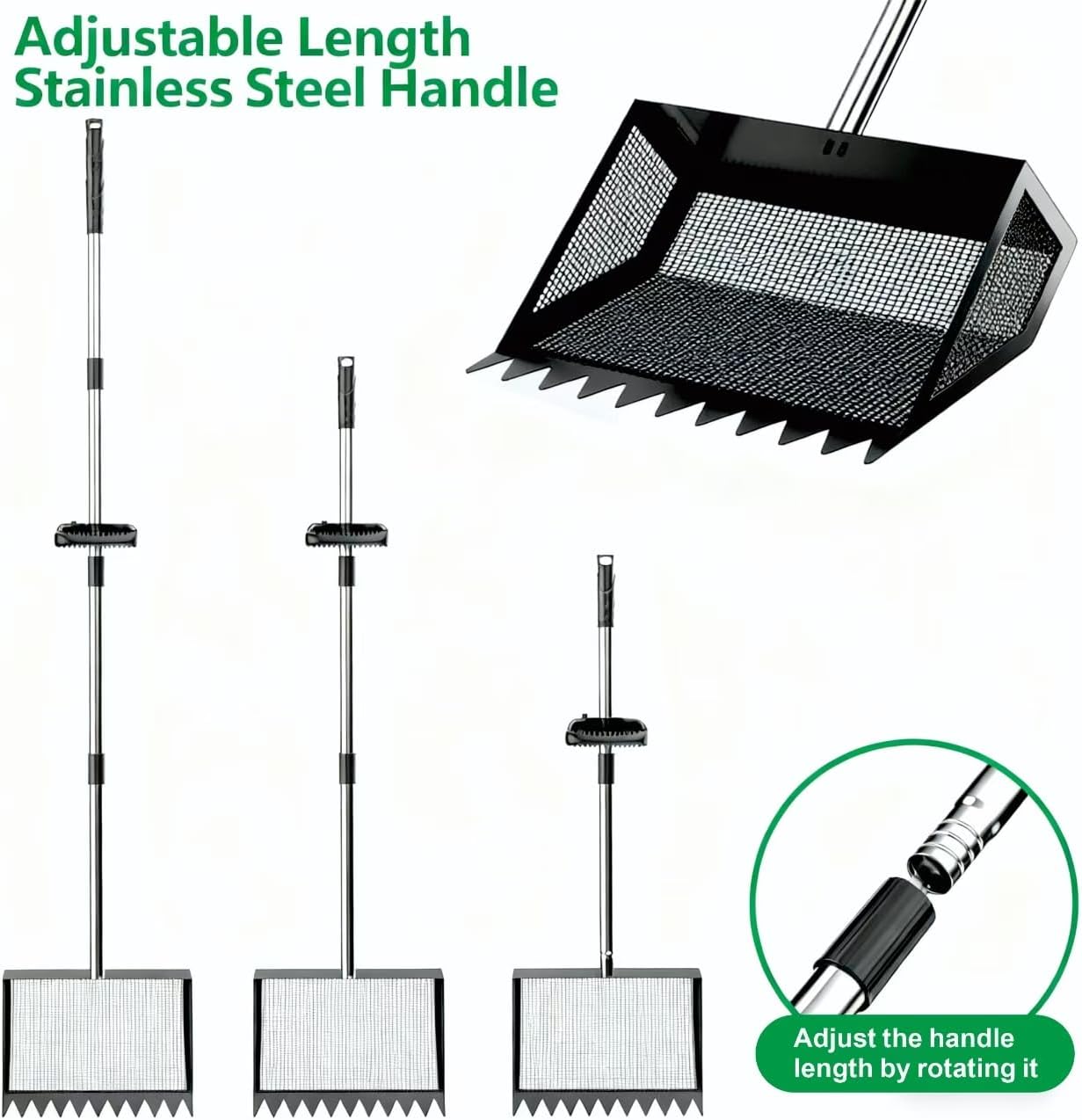 Chicken Poop Scooper & Rake 3-in-1, Metal Coop Shovel, Sand Sifting Shovel, Pet Waste Cleans. Litter Sifting Cleaning Tool with 35" to 62" Adjustable Stainless Steel Handlele