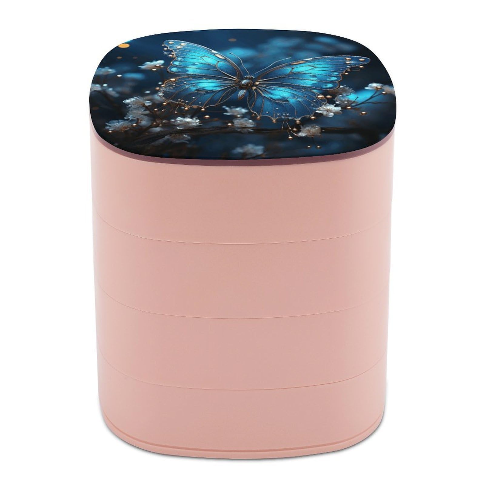 VstaDank Blue Butterfly And Moon Jewelry Box with Mirror Travel Small Jewelry Case for Women 4-Layer Rotatable Jewelry Organizer Storage Box Portable Jewelry Storage Case for Rings Earrings
