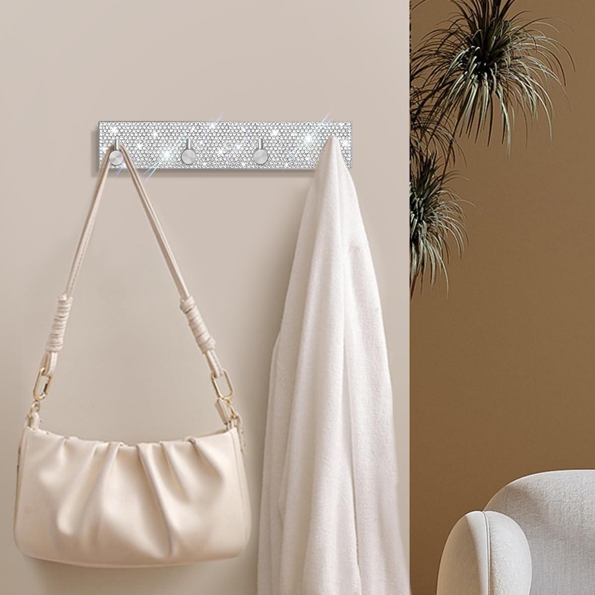 GUFONKOD Bling Key Holder for Wall Decorative, Adhesive Stainless Steel Key Hooks Sparkle,Glitter Key Hanger Key Organizer for Wall, Towel Hook for Entryway Hallway(Four Rows,Silver)