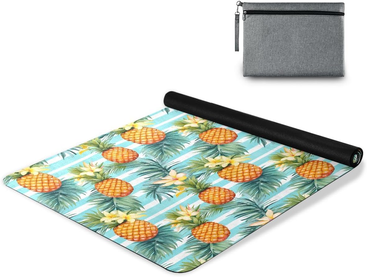 ALAZA Pineapples Palm Leaves Flowers on A Striped Yoga Mat Non Slip Fitness Exercise Mat, Workout Mat for Yoga, Pilates and Floor Exercises