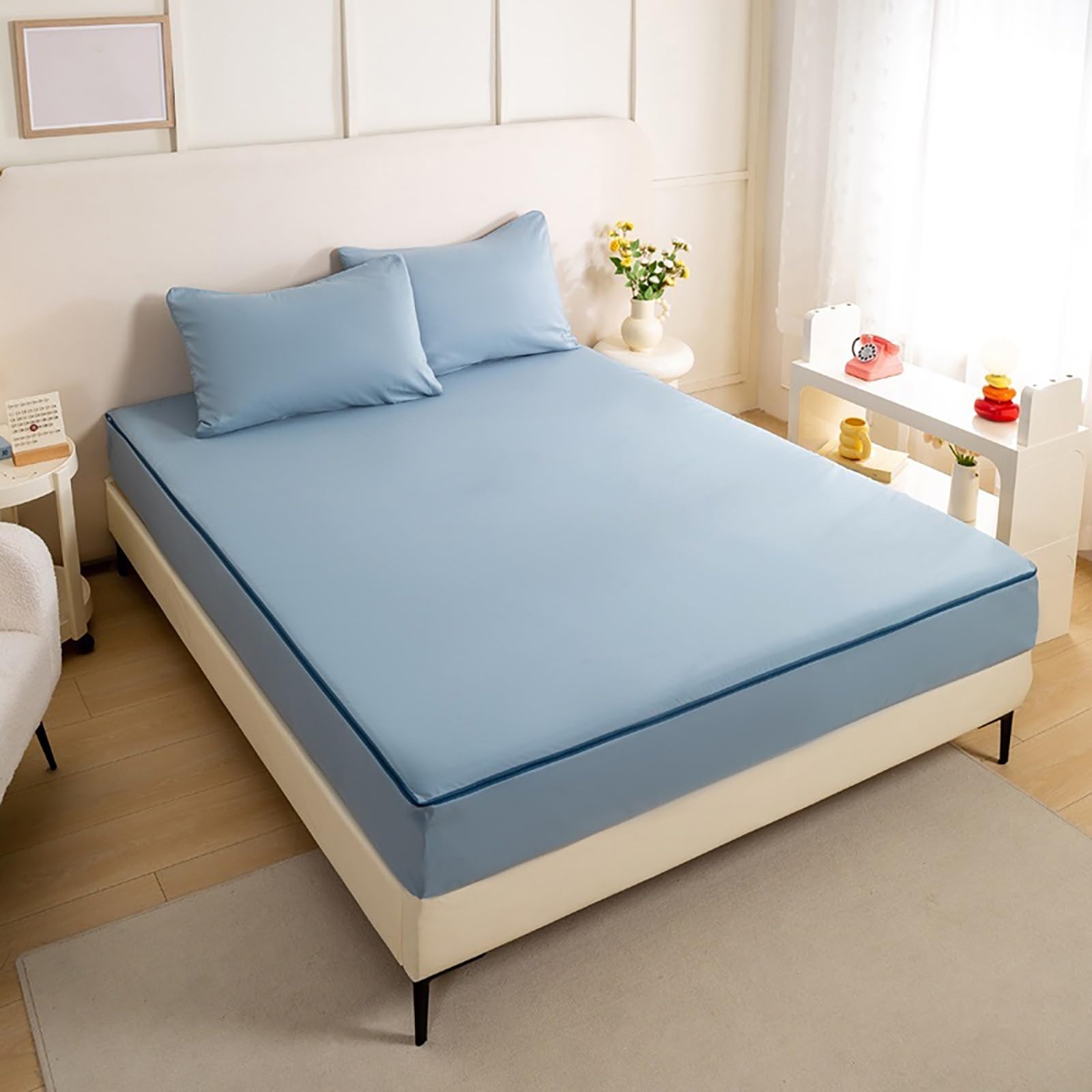 Coprimaterasso Matrimoniale/Singolo con Cerniera – Fodera Copri Materasso 6 Lati Traspirante, Rivestimento Completo con Cerniera e 2 Federe, Lavabile(Blu,90x190x15cm)