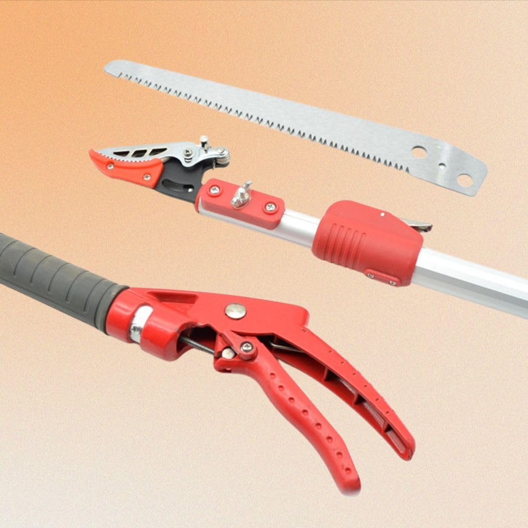 Tijeras De Podar Telescópicas - Tijeras De Rosas Y De Flores - Sierra De Ramas - Hoja De Sierra - Cincel - Acero Inoxidable - Rojo Y Metal - Longitud Ajustable 130 A 220 Cm