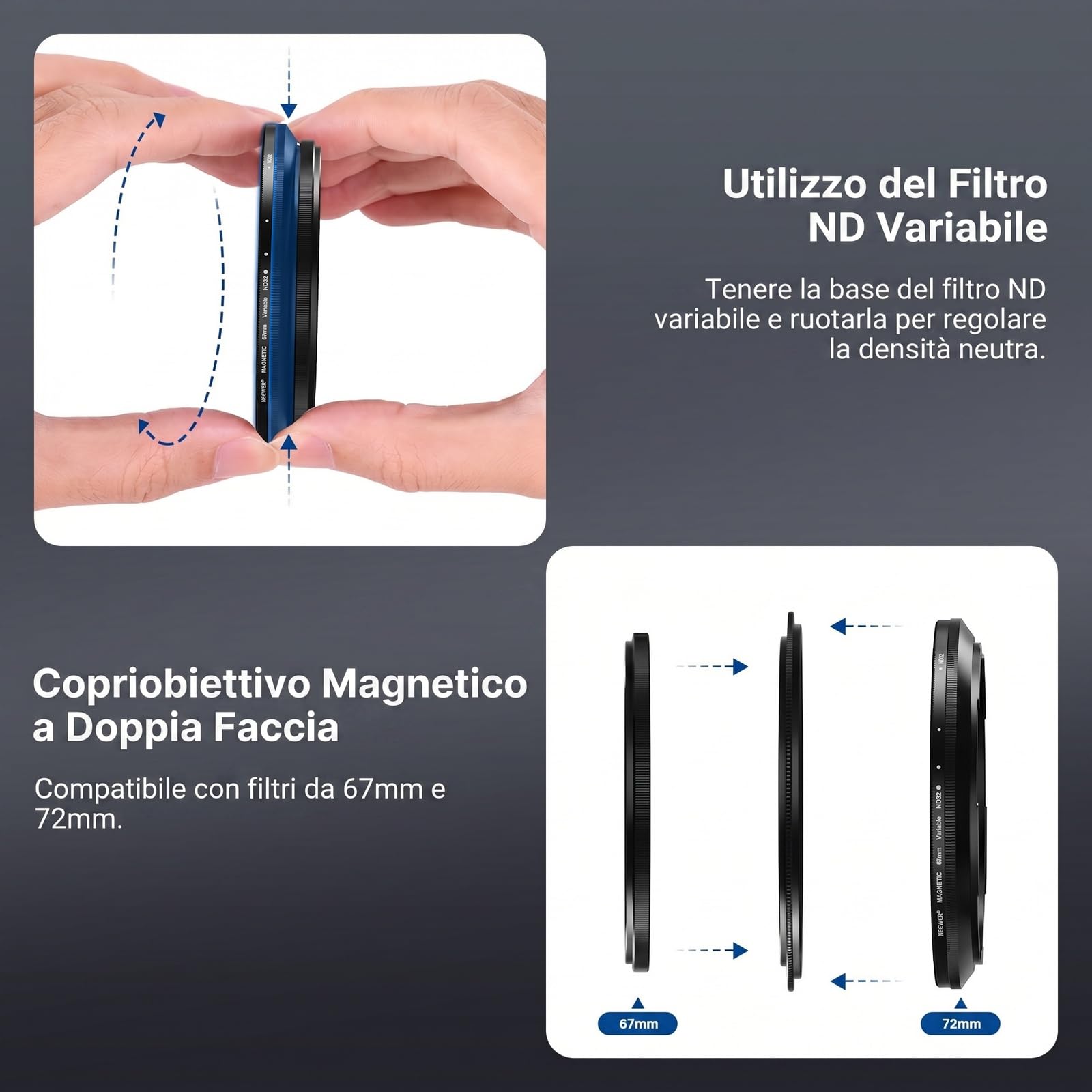 NEEWER Kit Filtro Magnetico 67mm,CPL+ND2-32 Variabile+Black Diffusion 1/4 Filtro Per Effetto Mist Cinematic+Copriobiettivo+Anello Adattatore,Filtri Polarizzatore Circolare e Densità Neutra Impilabili