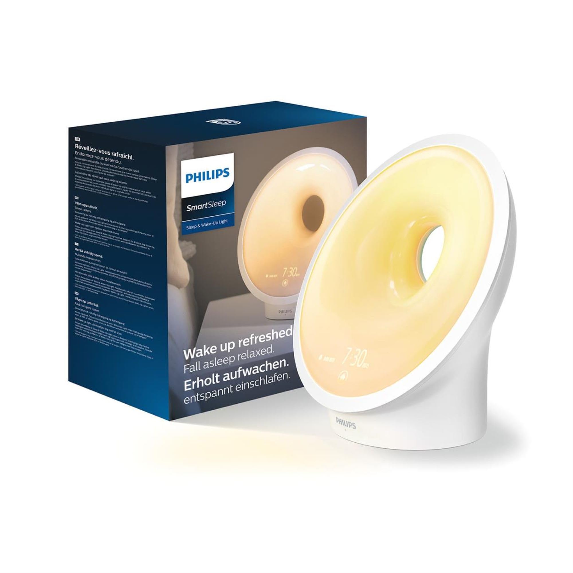 Philips éveil-lumière et simulateur d'aube, 25 intensités lumineuses, sons et musiques multiples, fonction de relaxation et de respiration, Plastique, Blanc (modèle HF3651/01)
