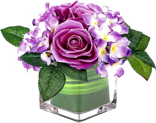 Fule Arreglo de centro de mesa de rosas de seda artificial en jarrón para decoración de boda del hogar (morado claro)
