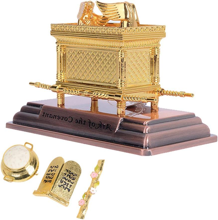 BRTAGG The Ark of The Covenant Replica Gold Plated Statue with Contents, Aaron‘s Rod/Manna/Ten Mandments Stone (Small)