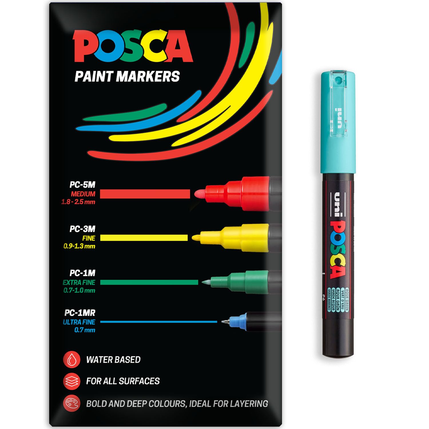 Posca Water Based Acrylic Paint Marker Pens | Multi Surface Use Permanent Paint Pen | Pack of 1 in Envelope Gift Packaging | Glass, Fabric, Canvas, Wood etc | PC-1M, Aqua Green