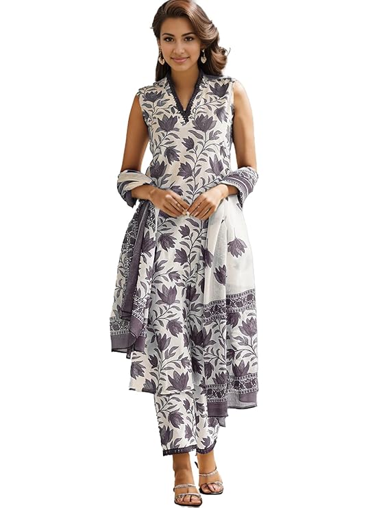 SHIENZY Women’s Printed Cotton Blend Sleeveless V-Neck Kurta Pant Dupatta Set || Stylish Indo-Western Kurti for Wedding, Festive, Office or Formal & Casual Summer Wear – Grey