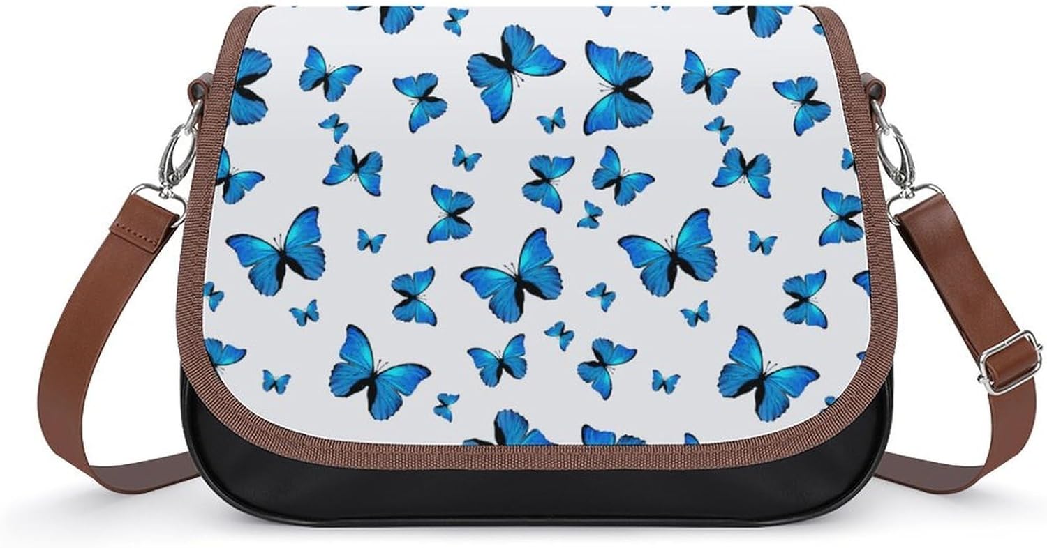 Blue ButterfliesWomen's Faux Leather Crossbody Bag, Waterproof Wrinkle-Resistant Shoulder Bag with Detachable Strap, Large Capacity Casual Handbag, Fashion Daily Purse for Shopping Work Dating, Ideal