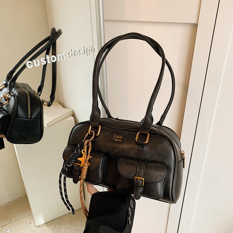 Women PU Leather Shoulder Bag Vintage Style Retro Top Handle Bag Leisure Double Front Pocket Handbag for Shopping Travel2