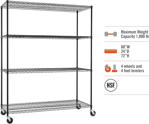 Miniatura 5 de Trinity Basics - Estantería de alambre ajustable de 4 niveles con ruedas para organización de cocina, almacenamiento de garaje, lavandería,