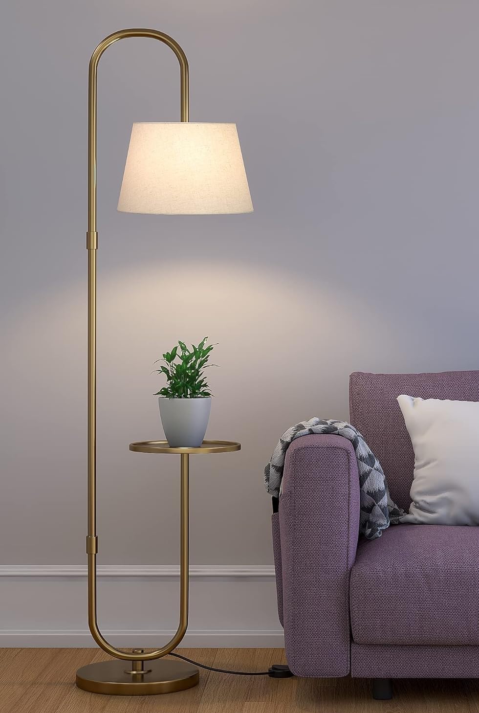 Modern Table Shelf, Floor Lamp Standing Brass Antique Finish 5ft Height with Shelf Diameter 10 Inches and Beige Lampshade (Pack of 1)-image-27