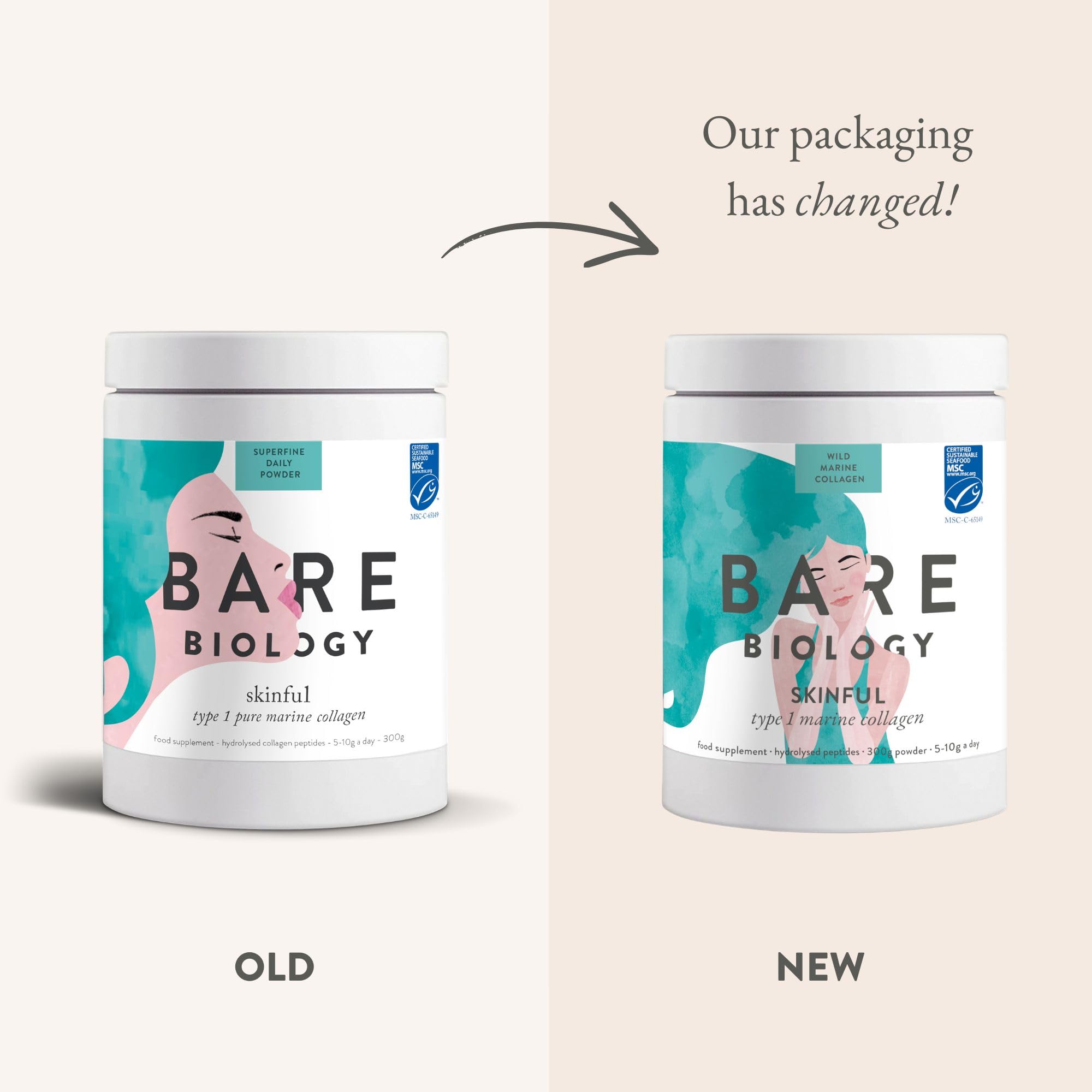 Bare Biology Pure Skinful Marine Collagen Powder - 5,000mg of Pure, MSC-Certified Marine Collagen per 5g Serving - Type I Hydrolysed Collagen Peptides - Supports Skin, Hair, Nails, Joints & Bones
