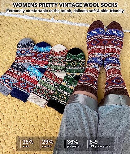 Image of IIG 5 Pairs Women's Vintage Style Thick Wool Warm Winter Crew Socks
