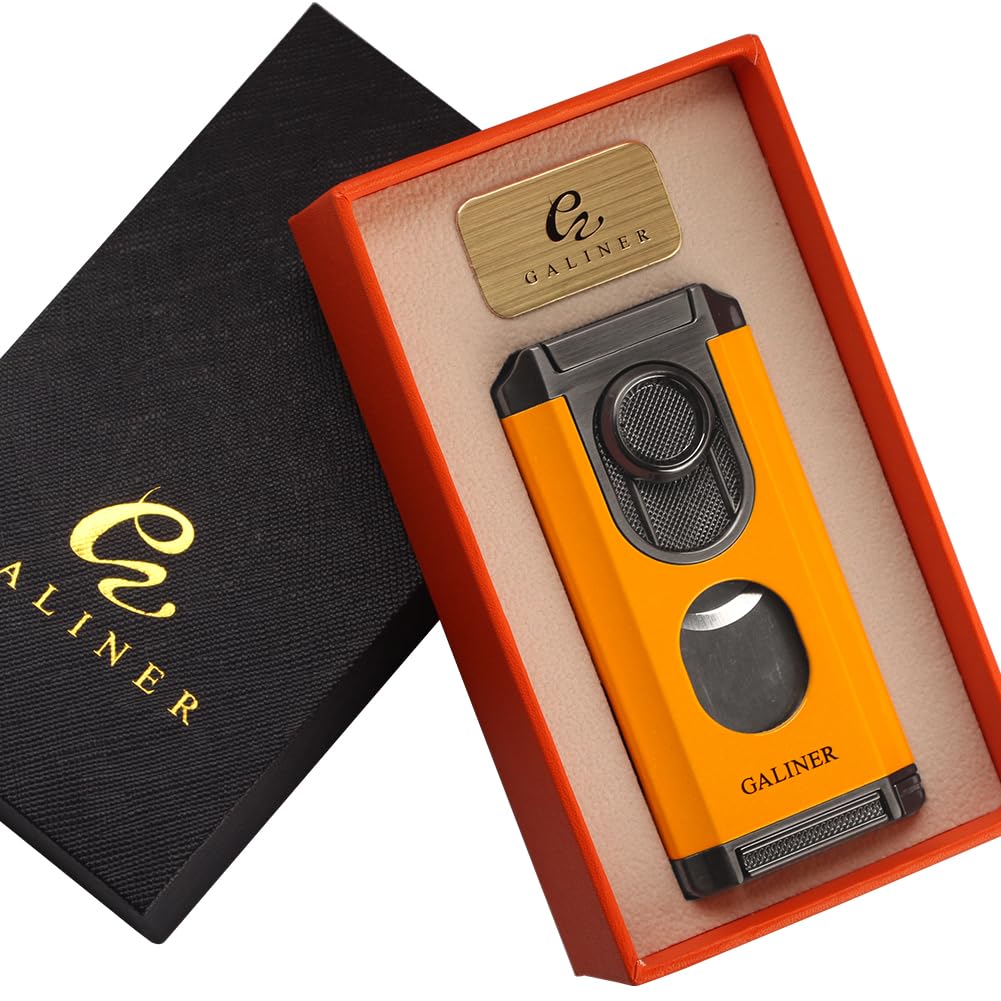 Galiner Travel 3 Jet Torch Flame Cigar Lighter with Cigar Guillotine cutter Cigar Holder Cigar Punch Cigar Needle Refillable Butane Windproof No Gas Gift Box (Orange)