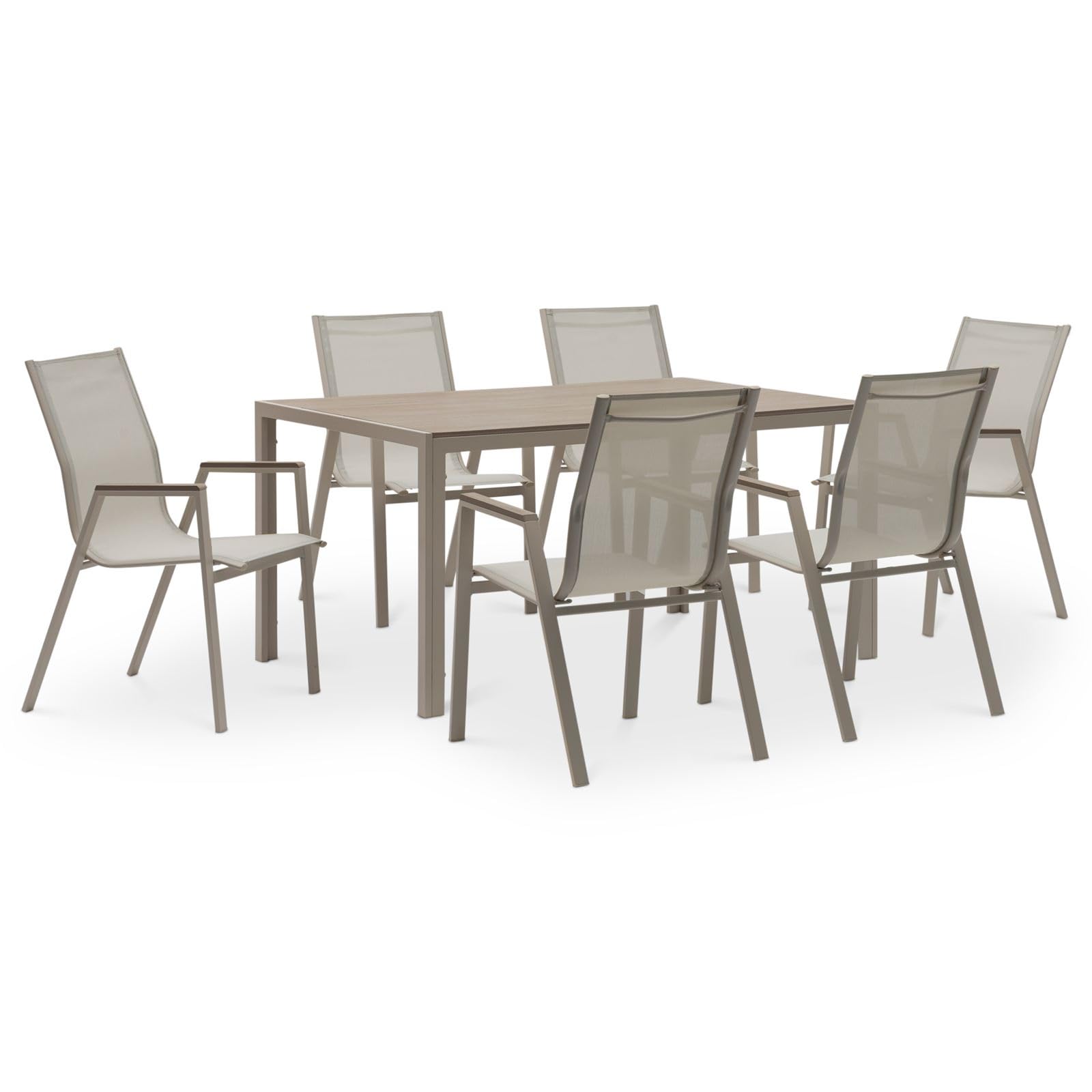 Gartenmöbel Set MONDELLO mit 6 Stühlen, Champagner - Gartentisch 150x90 cm mit 6 Gartenstühlen, Stahlgestell pulverbeschichtet, WPC-Tischplatte, Textilene Sitzfläche [max. Belastbarkeit 120 kg]