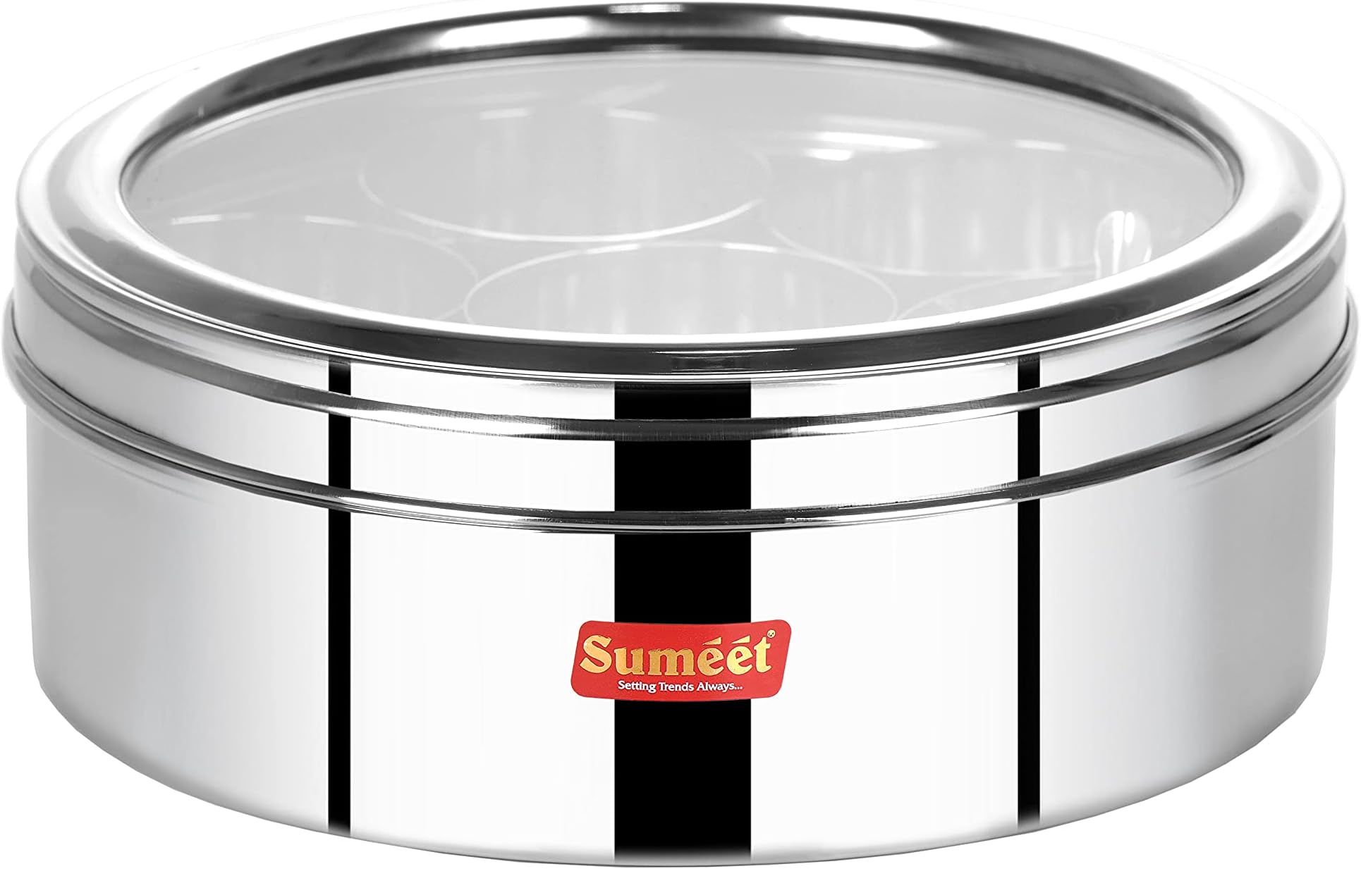 Sumeet Stainless Steel Round Masala (Spice) BoxOrganiser with See Through Lid With 7 Containers and Small Spoon Size 12 (2Ltr) (20.5cm), Silver