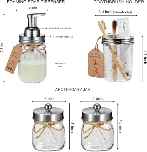 Miniatura 5 de Juego de accesorios de baño Mason Jar (6 piezas)  Dispensador de jabón espumoso, soporte para cepillos de dientes, soporte para Qtip, tarros de