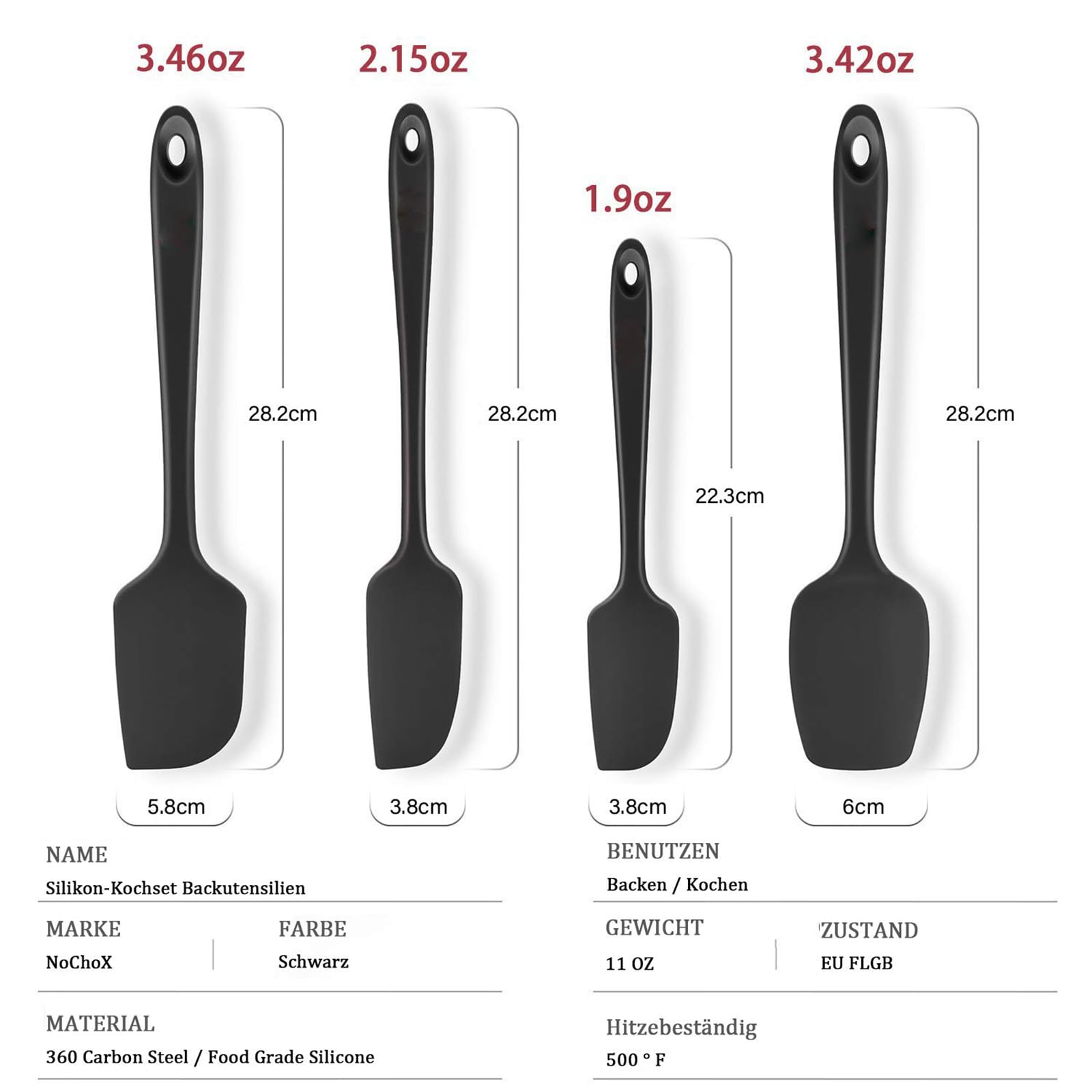 NoChoX 4 Pezzi Spatole in Silicone, Resistente al Calore 500 °F, Spatola da Cucina Utensili con Anima in Acciaio, Senza BPA, Antiaderente, Spatula Silicone per Mescolare, Cuocere e Cucinare, Nero