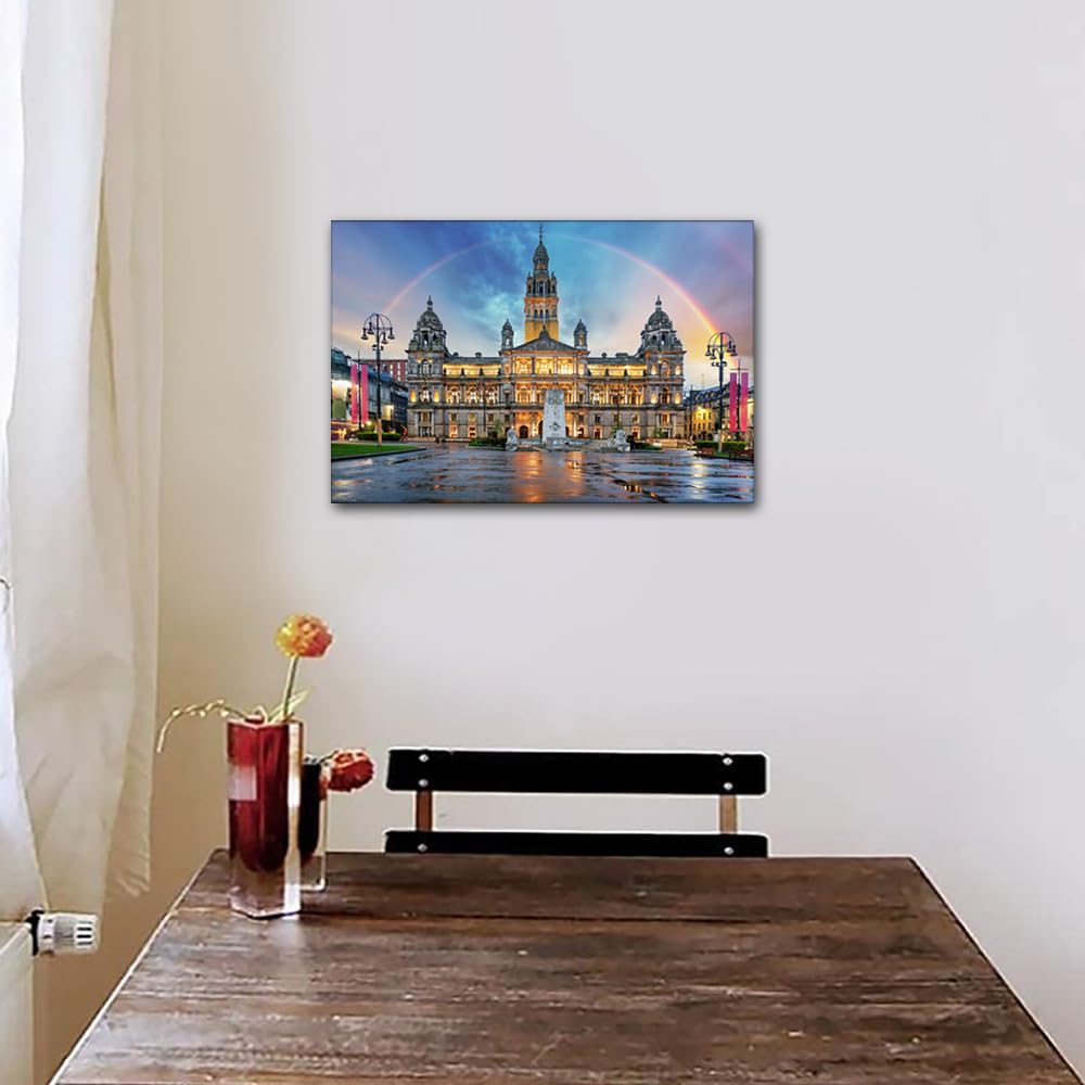 Rainbow Pictures for Bedroom Glasgow City Chambers Wall Art for Living Room 1 Panel George Square Scotland Artwork Home Decor Contemporary Wooden Framed Gallery-wrapped Ready to Hang (16''Wx 24''H) - Image 3