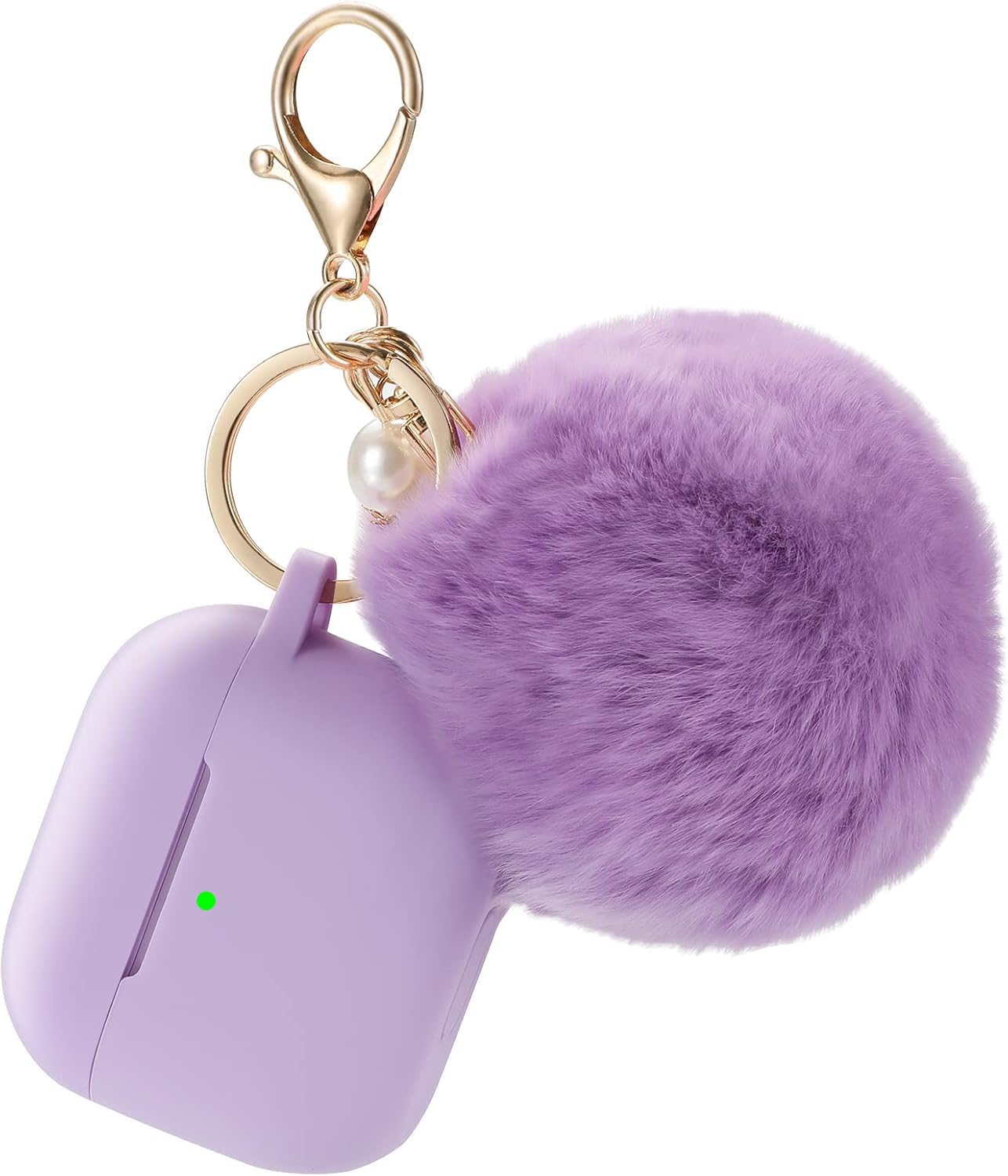 Funda protectora para Airpods de 4ª generación, funda de silicona suave con bonito pompón de bola esponjosa y kit de llavero (morado)