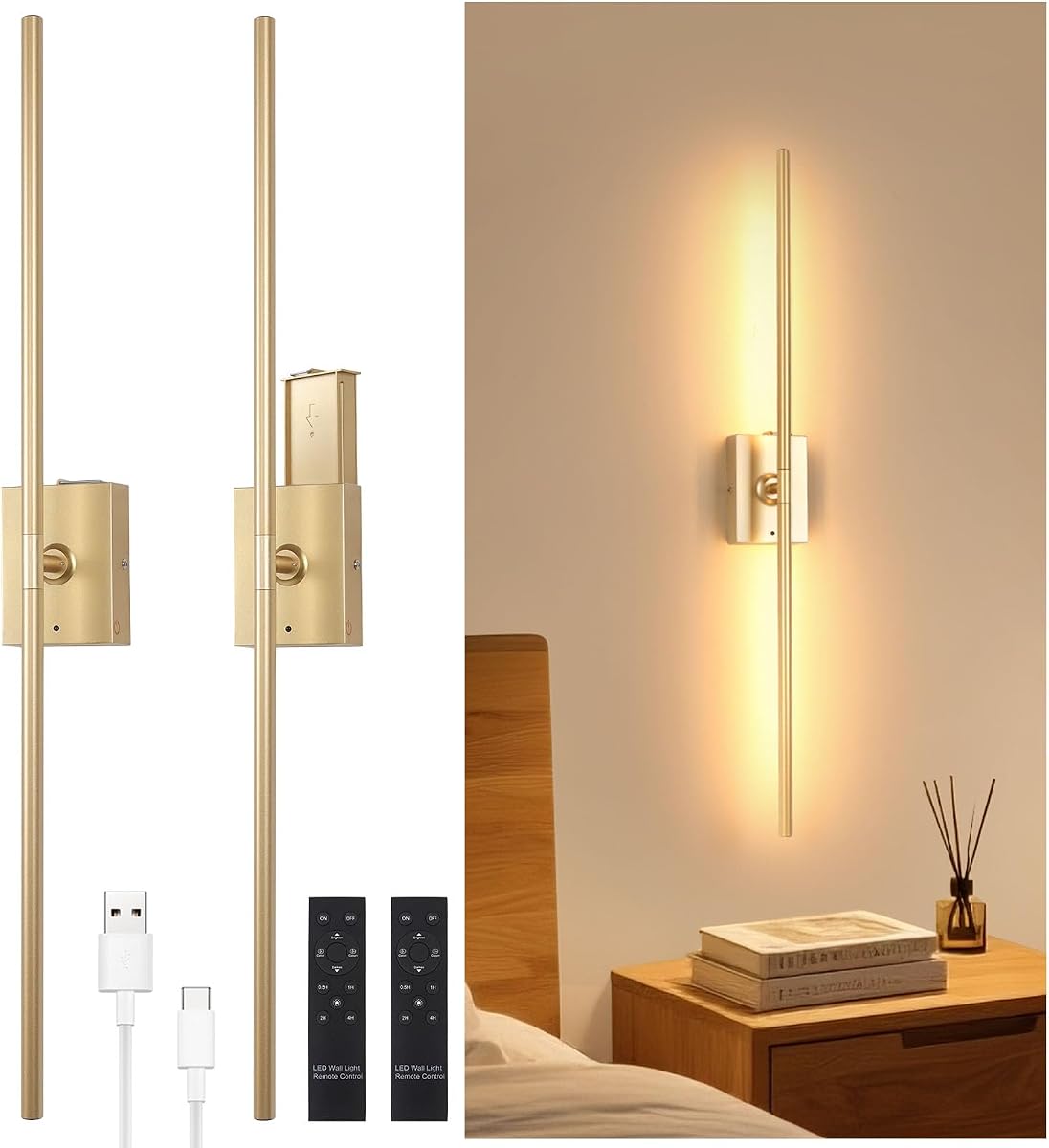 Shenmoyl Battery Operated Wall Sconce Set of 2, 10000mAh Rechargeable Wall Sconces with Detachable Battery, Indoor 350°Rotate Wall Lights for Bedroom Living Room, Gold, 31.5 Inch