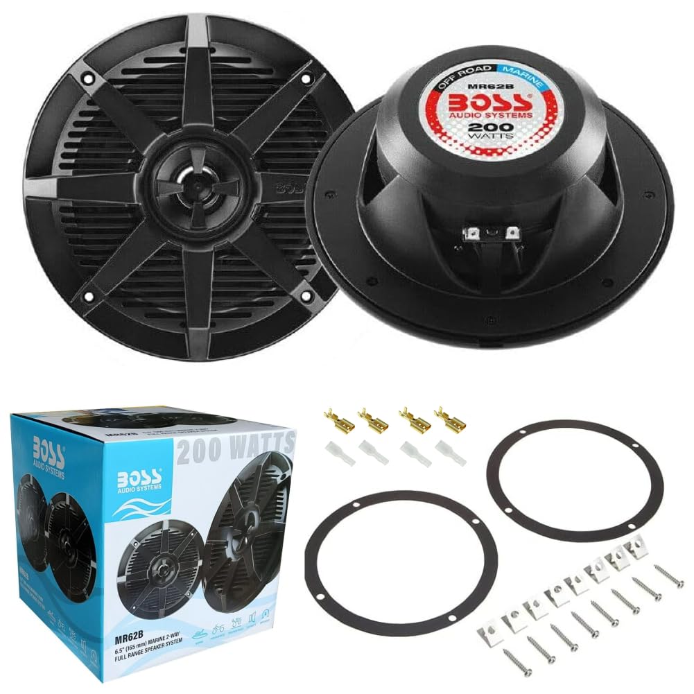 SET PARA BOSS AUDIO SYSTEMS MR62B 2 altavoces marinos negros Altavoces de 2 vías 6,5" 16,5 cm 165 mm, 100 vatios rms 200 vatios máximo, impermeables, mar piscina barco, por par + accesorios de montaje