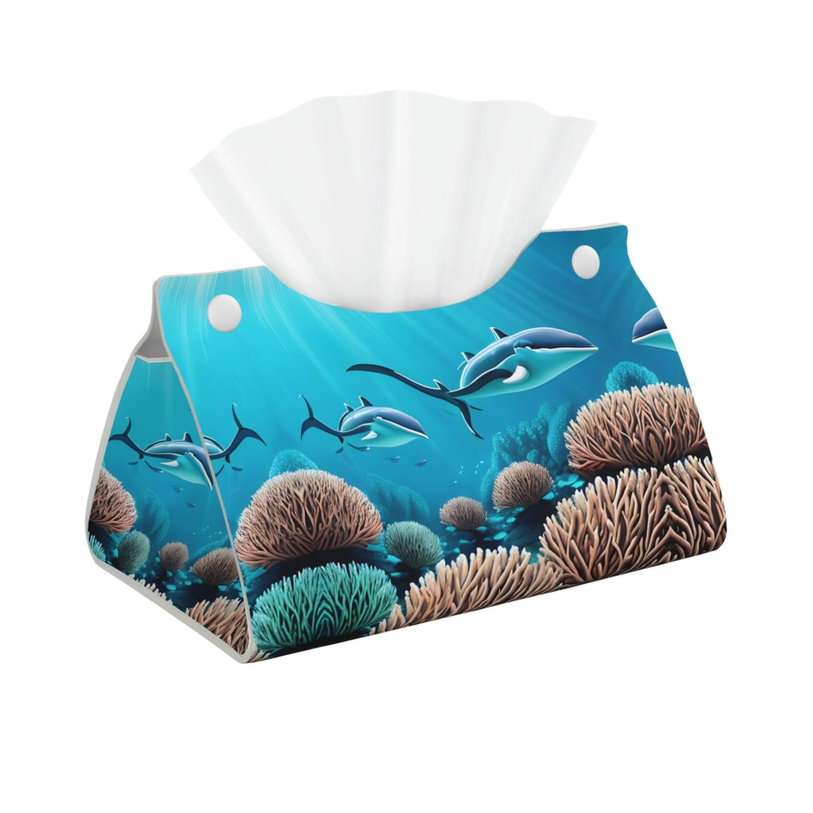 Deep Sea Whales Print Long Tissue Box Cover Holder Foldable Leather Organizer for Vanity, Nightstand, Desk & Bathroom