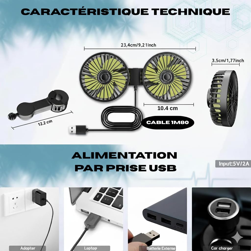 PAWLUN Ventilateur de Voiture Double Tête pour Siège Arrière, 3 Modes de Puissance Réglables, 360° Pivotant, Refroidissement pour Enfants, Chiens, Berline, SUV