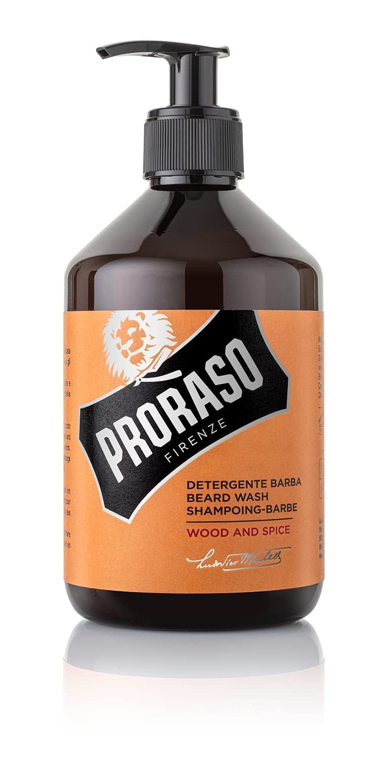 Proraso Beard Wash Wood & Spice, 500ml, duftendes Bartshampoo reinigt, pflegt und erfrischt Bart & Haut, Waschgel entfernt Verunreinigungen sanft, Made in Italy