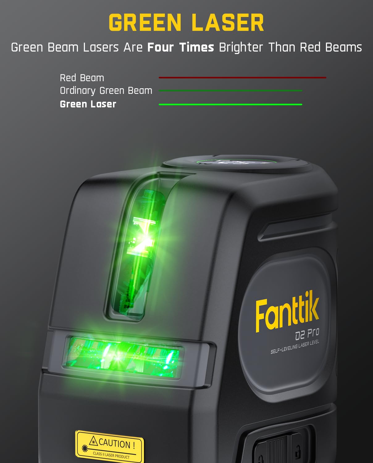 Niveau laser Fanttik D2 PRO, niveau laser autonivelant avec écran LED, ligne verte en croix extérieure de 61 m, faisceau vertical à 130°, batterie rechargeable de 2 600 mAh, base magnétique à 360°