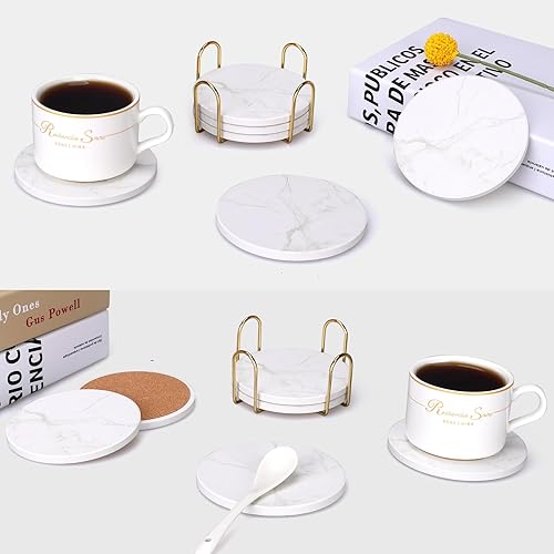 Miniatura 7 de Juego de 6 posavasos de cerámica estilo mármol blanco con decoración de mesa de café hueca para bebidas absorbentes para casa de campo rústica, bar,