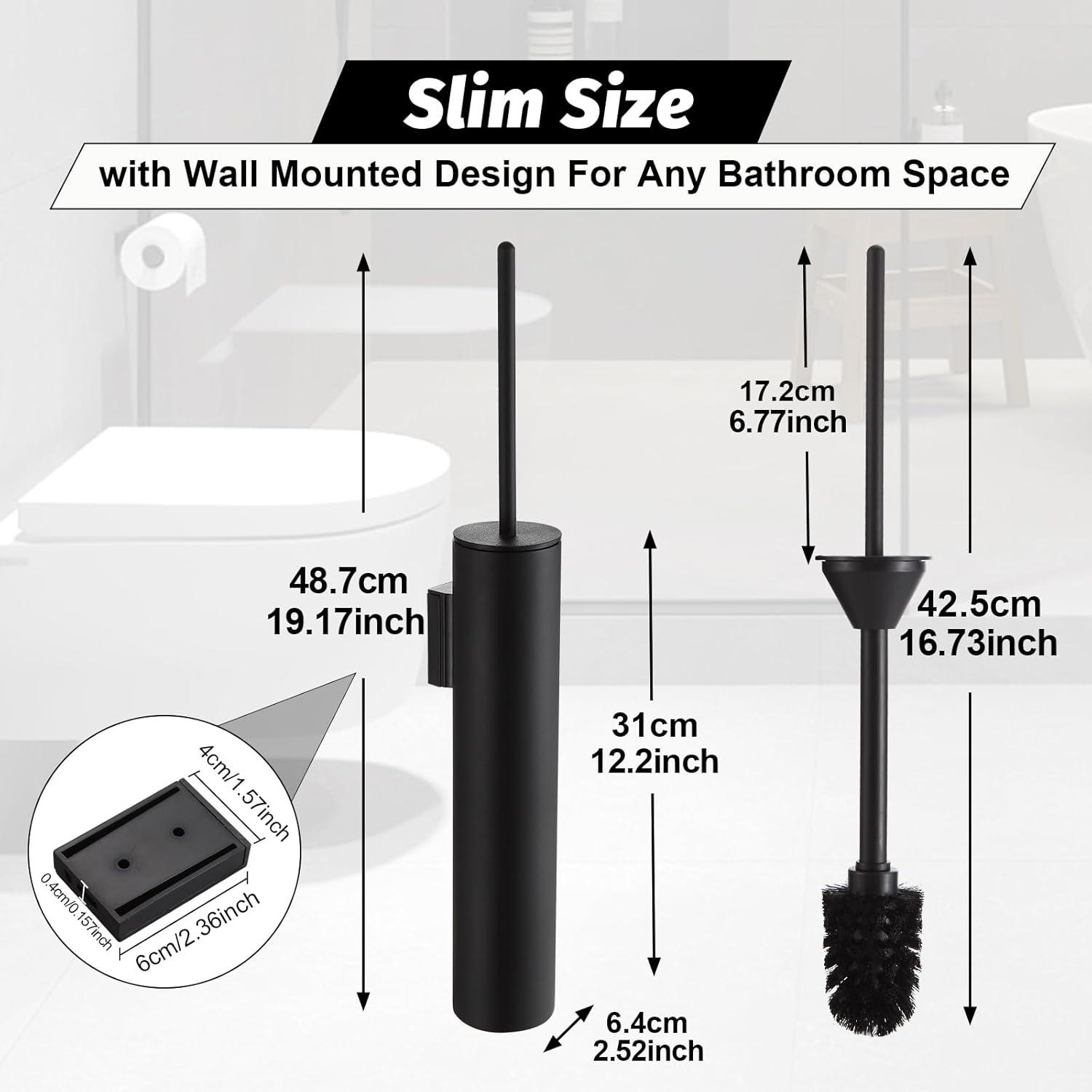 BGL Toilet Brush and Holder Set Matte Black Wall Mounted for Bathroom Round Design
