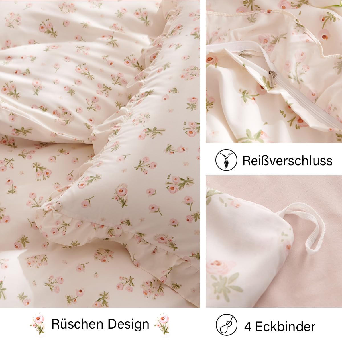 Lanqinglv Juego de ropa de cama con volantes 220x240 flores rosas, juego de ropa de cama reversible con hojas estéticas, ropa de cama ÖKO-TEX para alérgicos, funda nórdica romántica con cremallera y 2