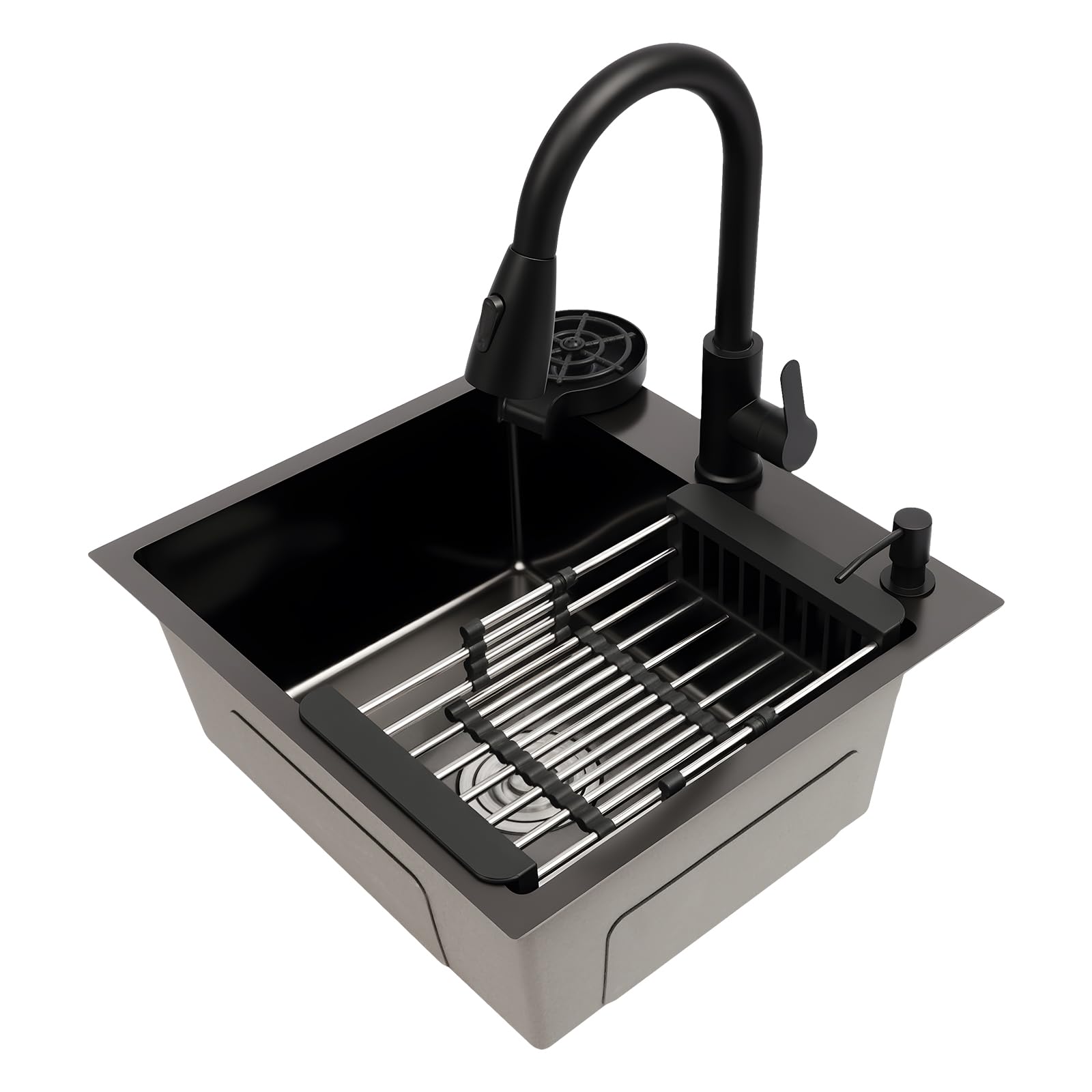 Fregadero empotrable acero inoxidable 50x45 cm negro con grifo dispensador jabón escurridor
