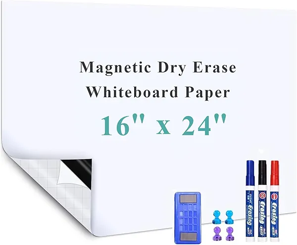 Warasee Magnetic Dry Erase Whiteboard Sticker, 16" x 24" Stick on Whiteboard for Wall, Dry Erase Board Peel and Stick for Kids, Office, Home, with Marker, Eraser and Magnets (Adhesive Backing)