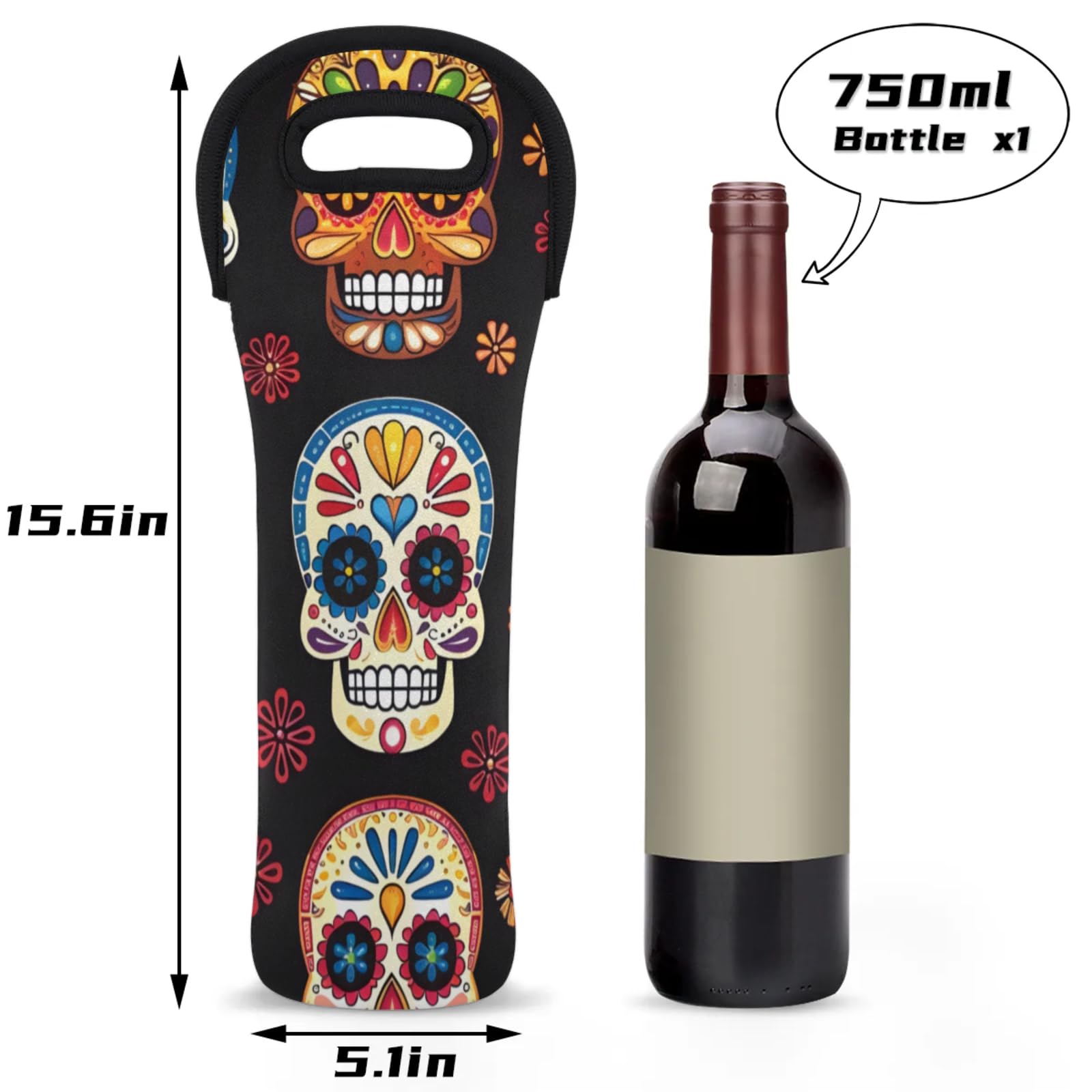 Neoprene Wine Tote Carrier Bag for Wine,Water, Champagne, Beer, Baby Bottles 15.6 x 5.1 Inches, Protective Wine Bag,Sugar Skull Colored