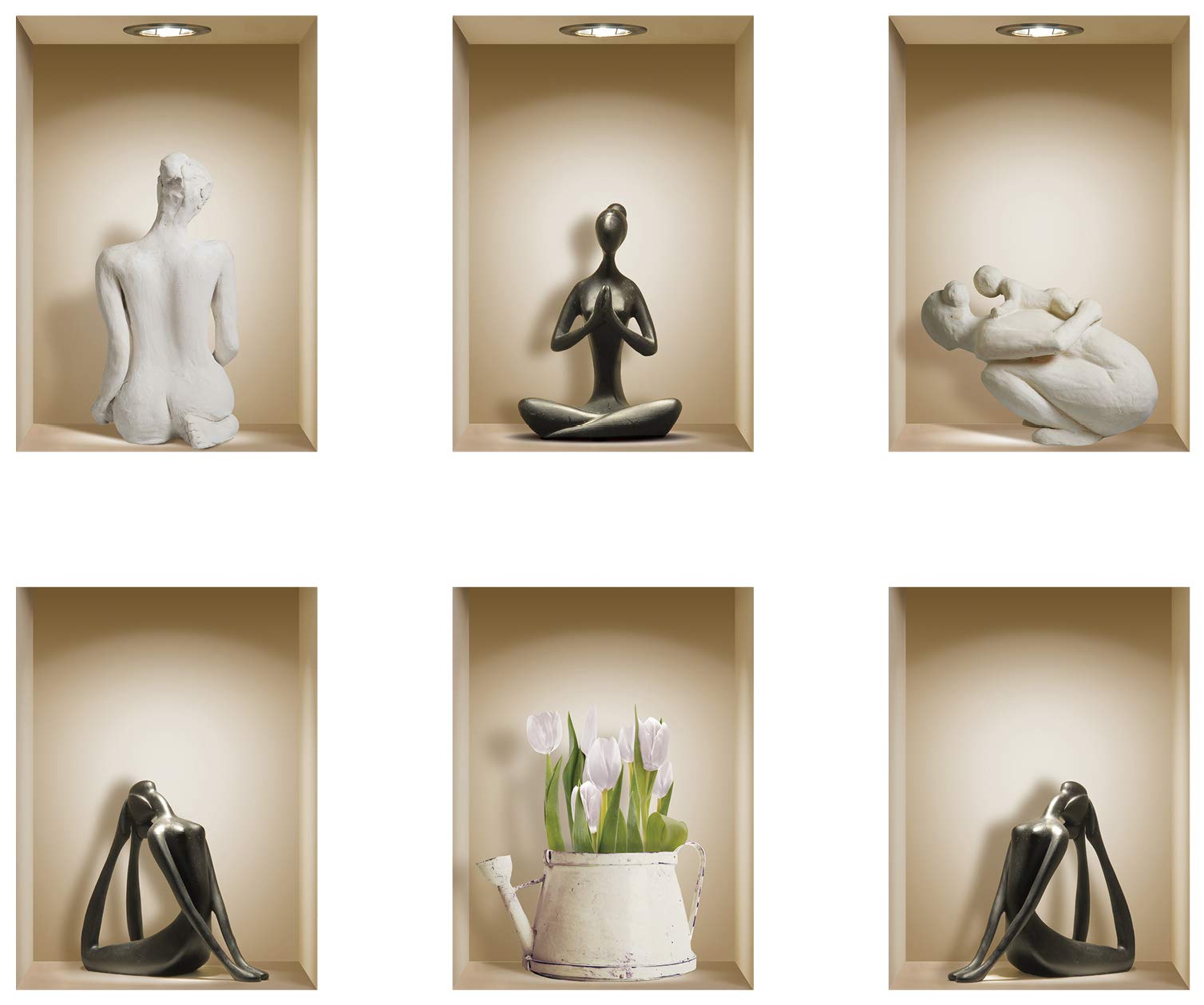 The Nisha 6 PC Pack Art Magic Pictures Peel and Stick 3D Vinyl Removable Wall Sticker Decals DIY Sticky Backsplash (Lighting Spots), White Sculptures and Black Yoga 660